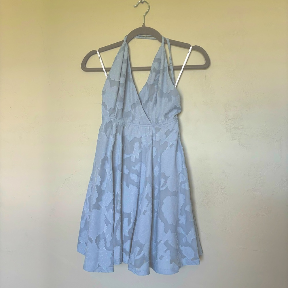 Lulus Days of Beauty Dusty Blue Burnout Floral Skater Dress Chiffon